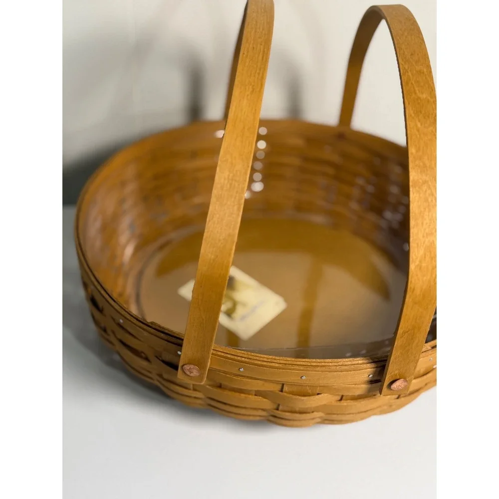 Longaberger Social Gathering Basket Brown Woven Wood Clear Protector Handles